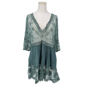 Bohemian Sage Green Embroidered Lace Tunic Top Deep V Neck Cottagecore Boho